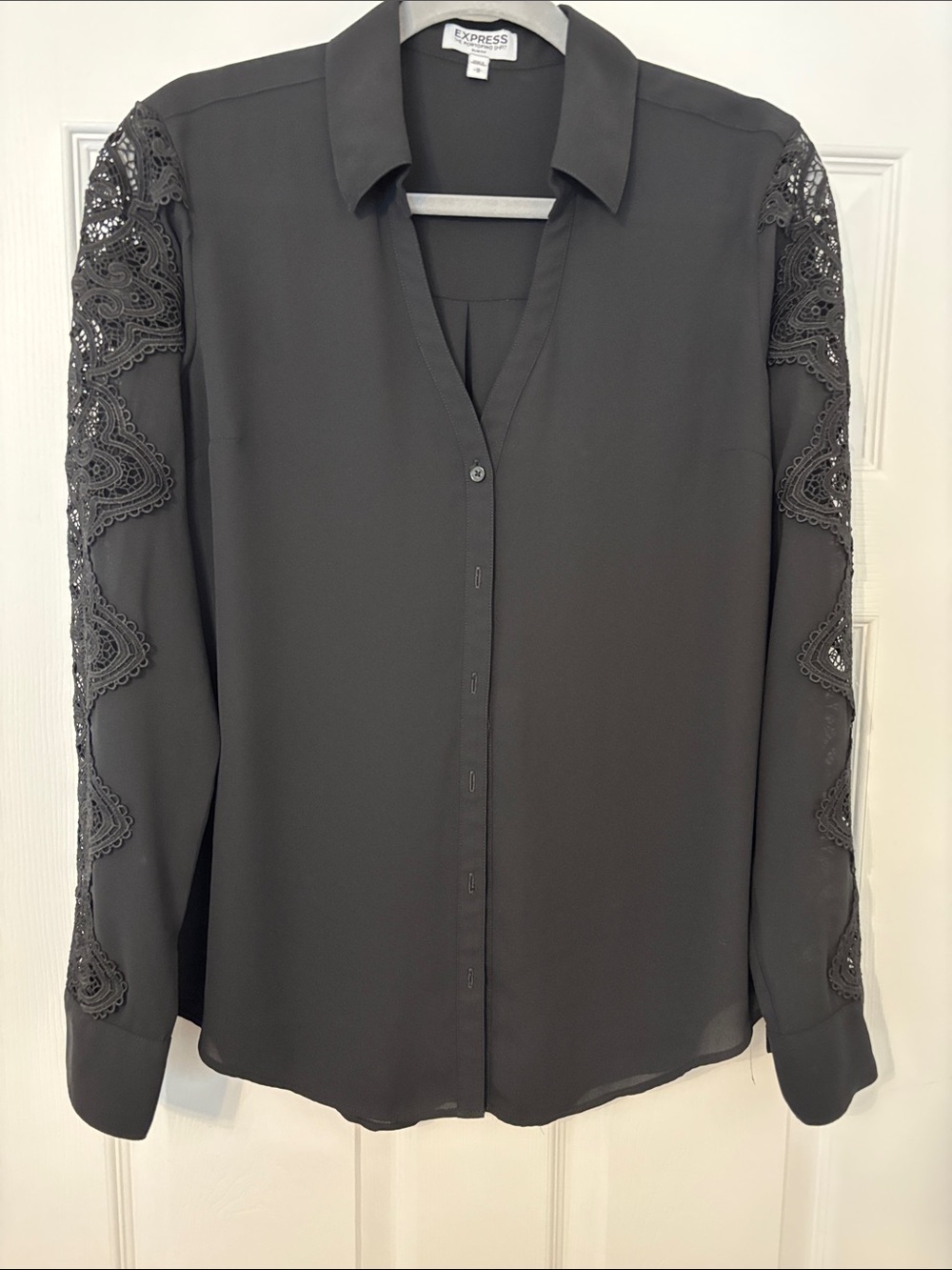 Express Black Button-Down Blouse with Lace Sleeve Insets
